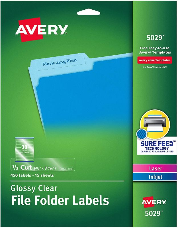 Photo 1 of Avery 5029 Clear Self-Adhesive Filing Labels, 3-7/16 x 2/3, 15 sheets, 450 Labels
