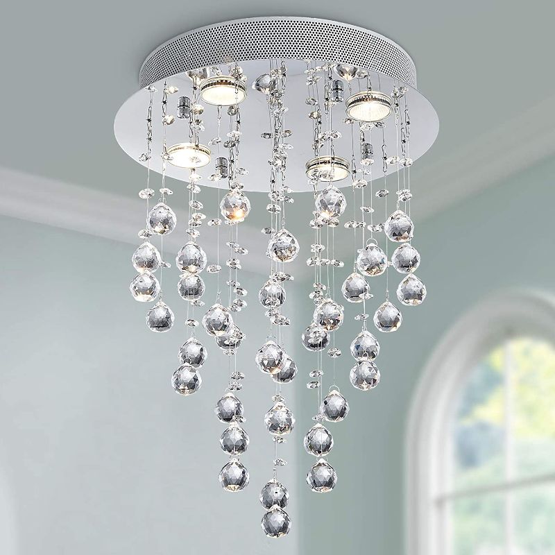 Photo 3 of Bestier Modern Crystal Round Raindrop Chandelier Lighting Flush Mount LED Ceiling Light Fixture Pendant Lamp for Dining Room Bathroom Bedroom Livingroom 4 GU10 Bulbs Required 14 in Wide 20 inch High
