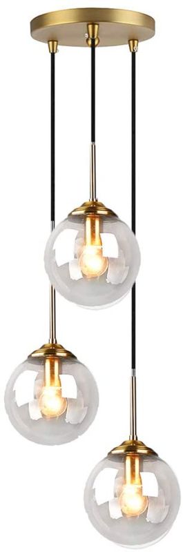 Photo 1 of H XD GLOBAL Industrial Retro Loft 3 Way Pendant Light, Cluster Chandelier Hanging Lamp Fixture Brass Fittings with Glass Globe Lampshade (Clear)
