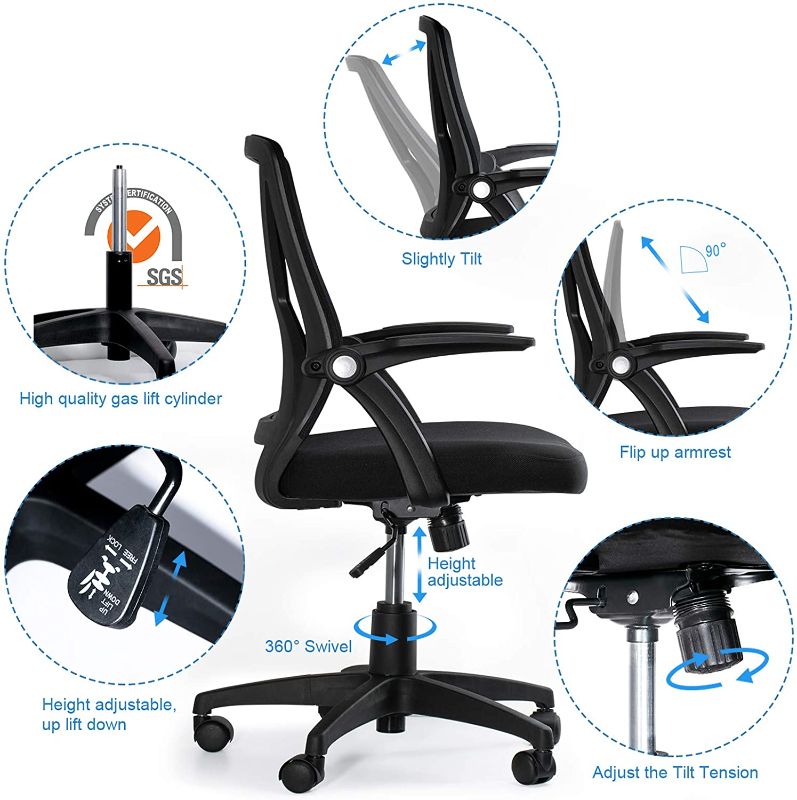 Photo 2 of KOLLIEE Mid Back Mesh Office Chair Ergonomic Swivel Black Mesh Computer Chair Flip Up Arms with Lumbar Support Adjustable Height Task Chair
