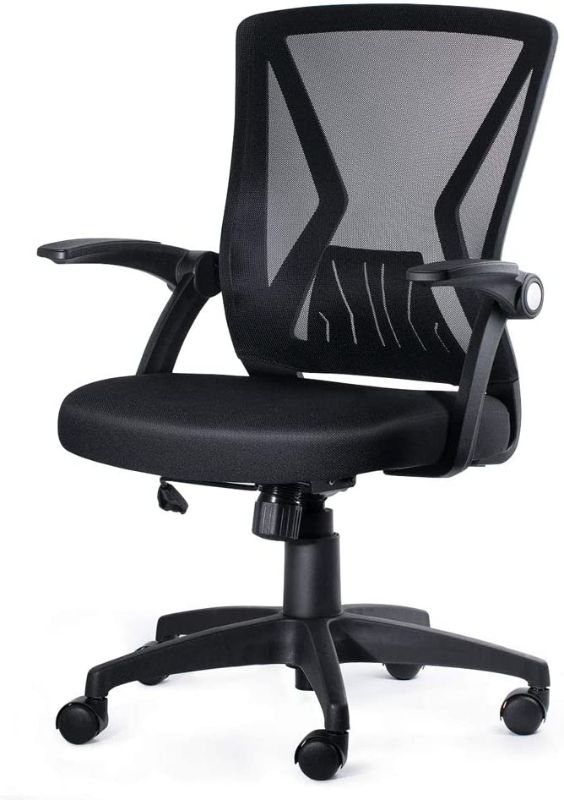 Photo 1 of KOLLIEE Mid Back Mesh Office Chair Ergonomic Swivel Black Mesh Computer Chair Flip Up Arms with Lumbar Support Adjustable Height Task Chair
