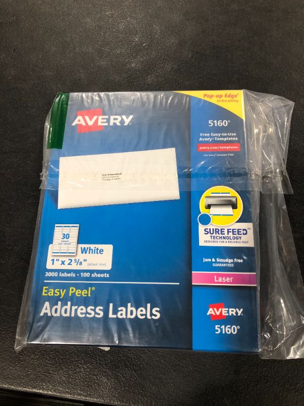 Photo 2 of Avery Easy Peel Address Labels with Sure Feed Technology, 5160, 1" X 2 5/8", White, Box of 3,000
