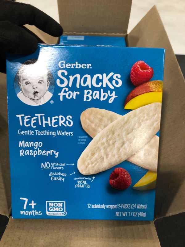 Photo 4 of (Pack of 6) Gerber Mango Raspberry Teethers Baby Snacks, 1.07 Oz, 24 Wafters
exp 11 2021 