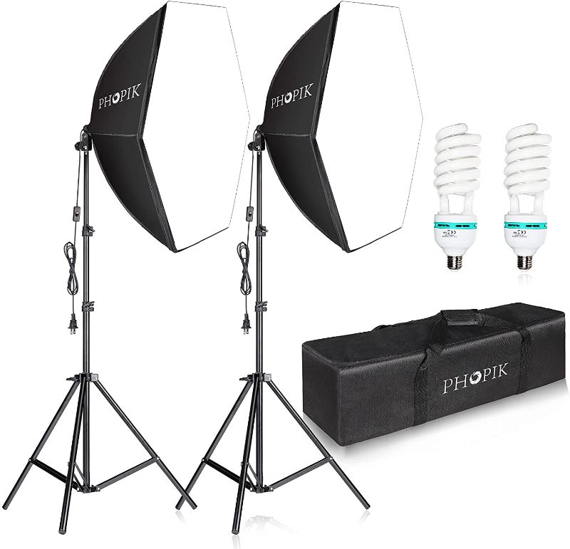 Photo 1 of PHOPIK Softbox Photography Lighting Kit: Photo Studio Equipment 30 x 30 inches with E27 85W 5400K Light Bulb and Adjustable Height Light Stand for Filming Video, Photo Shooting and Streaming