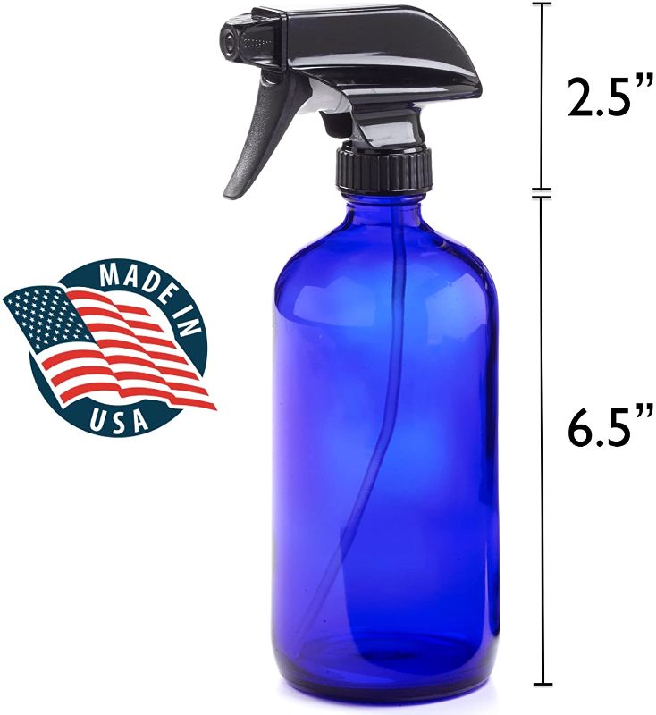 Photo 1 of 16oz Empty Cobalt Blue Glass Spray Bottles w/Labels and Caps- Mist & Stream Sprayer - Boston Round Heavy Duty Bottle - For Essential Oils, Cleaning, Kitchen, Hair, Perfumes