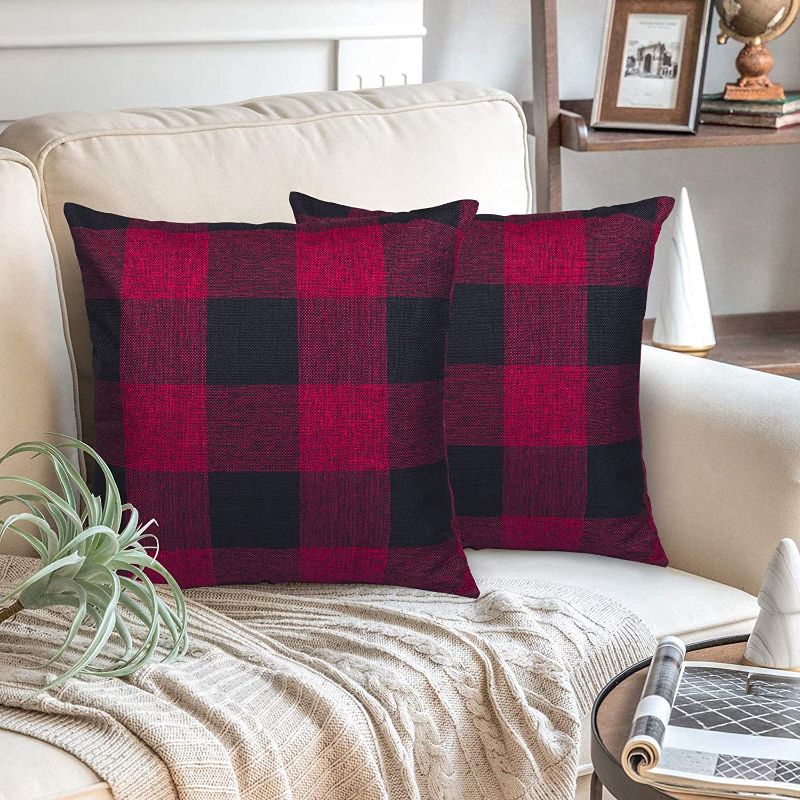 Photo 1 of AGUDAN Plaid Throw Pillow Covers - Cotton Linen Decorative-Farmhouse Decor Cushion Pillowcase for Couch, Bed, Sofa, Car 2-Pack
