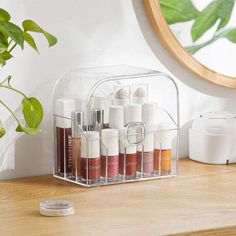 Photo 1 of LINFIDITE Lipsticks Storage Box Lipstick Organizer Acrylic Clear Beauty Makeup Storage Case 15 Slots with Dustproof Lid For Eyelash Brushes,Nail Polishes,Makeup Brushes Holder
