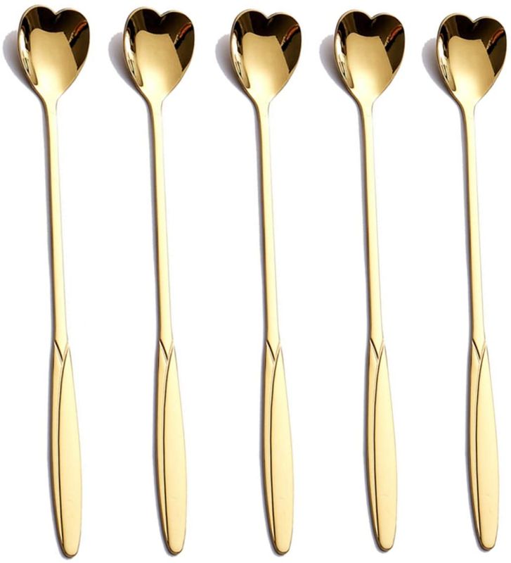 Photo 1 of 2 PACK Coffee Spoons Stainless Steel LOVE Tea Spoon Cocktail Stirring Mixing Stir Bar Spoons for Sugar Ice Cream Dessert Milkshak, Teaspoons Set for Cafe or Bar, Kitchen Tableware 5 Pieces, Gold
