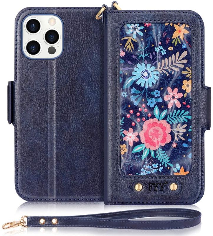 Photo 1 of FYY Case Compatible with iPhone 12 Pro Max 5G 6.7", [Kickstand Feature] Luxury PU Leather Wallet Case Flip Folio Cover with [Card Slots][Wrist Strap][Note Pocket] for iPhone 12 Pro Max 5G 6.7" Navy
