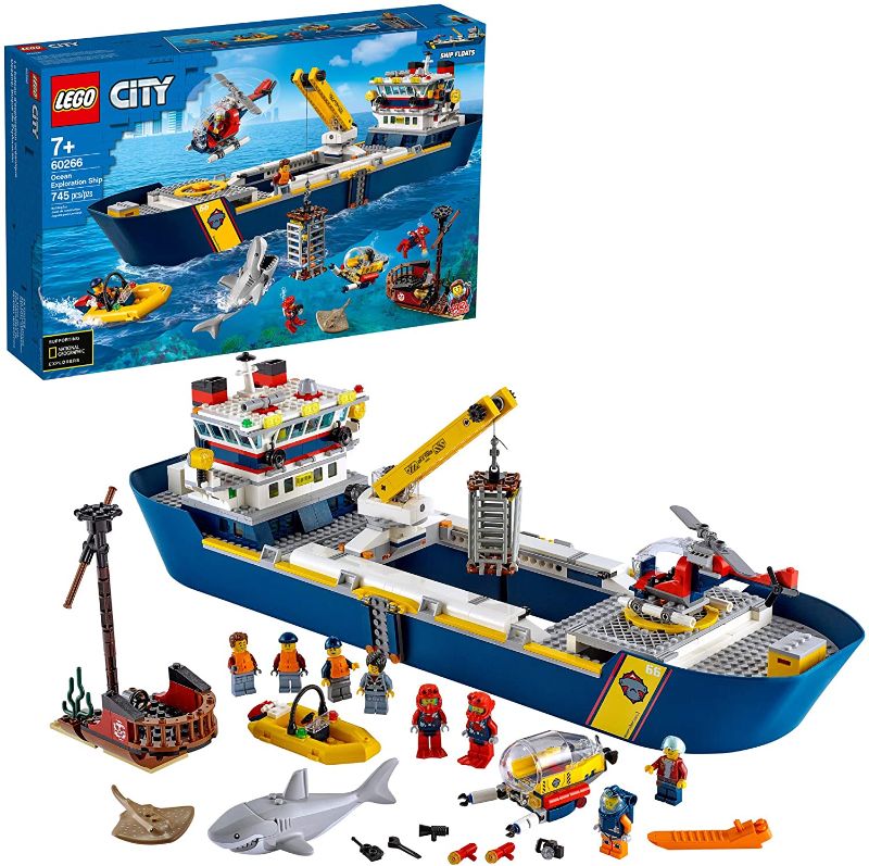 Photo 1 of LEGO City Ocean Exploration Ship 60266, Toy Exploration Vessel, Mini Helicopter, Submarine, Shipwreck with Treasure, Lifeboat, Stingray, Shark, Plus 8 Minifigures (745 Pieces)
