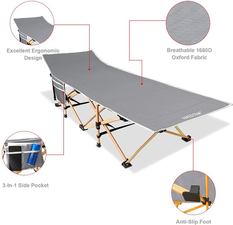 Photo 2 of AMEDTEM Camping Cots, Sleeping Cots Backpacking Bed Oversized Folding Protable with Carry Bag,Travel Camp Cot for Heavy People Home Office Outdoor Hiking Beach Pool, Support 450LBS - Grey
