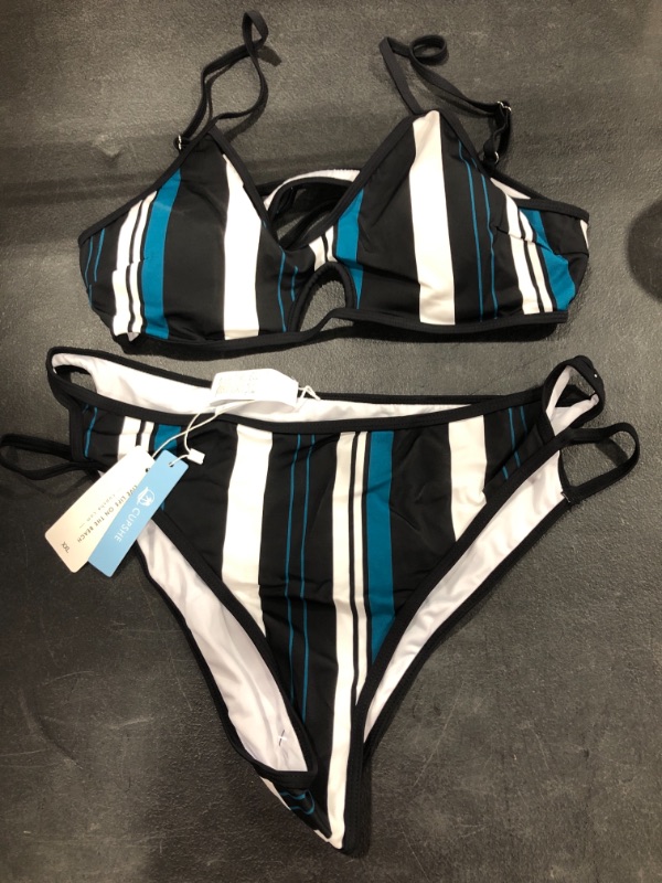 Photo 1 of Black and blue stripped womens two piece bathing suit