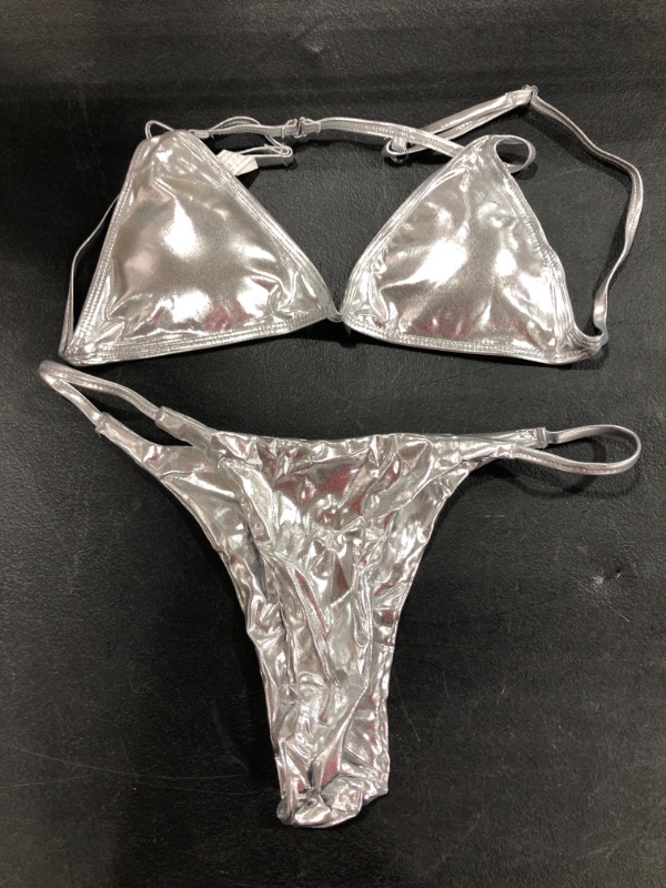 Photo 1 of Metallic silver two piece bikini, Size not listed possibly XS/S TOP AND S/M BOTTOMS