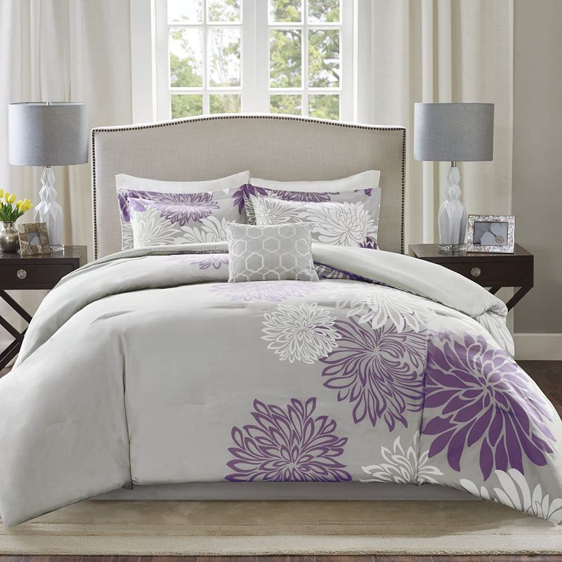 Photo 1 of Comfort Spaces Enya Comforter Set-Modern Floral Design All Season Down Alternative Bedding, Matching Shams, Bedskirt, Decorative Pillows, King(104"x90"), Purple