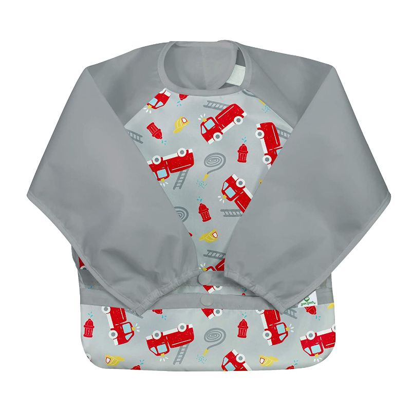 Photo 1 of (2 pack) green sprouts Easy-wear Long Sleeve Bib | Waterproof Protection from Mealtime to Playtime | Flipped Pocket, Soft Material, Easy Clean Smock , Gray Firetruck and blue dinosaur, 12-24mo