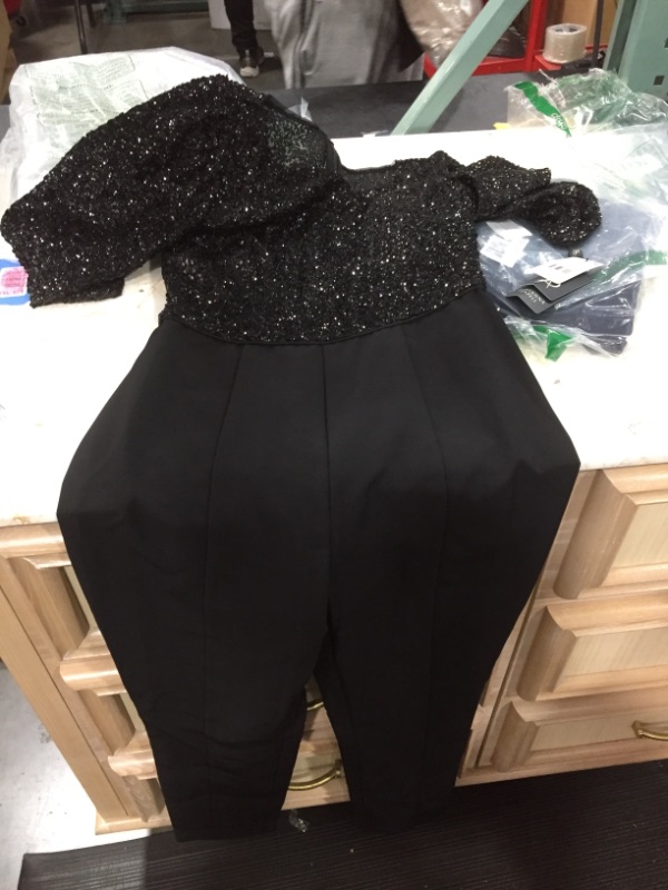 Photo 2 of Adrianna Papell Boat Neck 3/4 Sleeve Sequin Bodice Zipper Back Mesh Crepe Jumpsuit-BLACK Size 4
