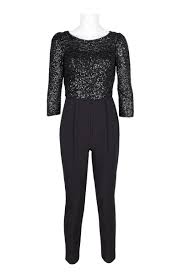 Photo 1 of Adrianna Papell Boat Neck 3/4 Sleeve Sequin Bodice Zipper Back Mesh Crepe Jumpsuit-BLACK Size 4
