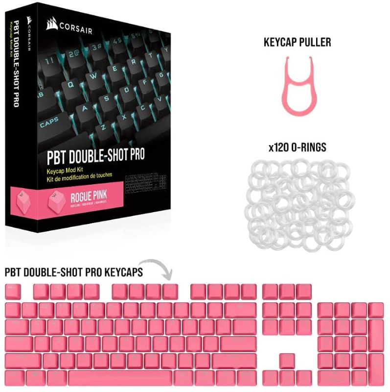 Photo 1 of CORSAIR PBT Double-Shot PRO Keycap Mod Kit – Double-Shot PBT Keycaps – Rogue Pink – Standard Bottom Row – Textured Surface – 1.5mm-Thick Walls – O-Ring Dampeners
