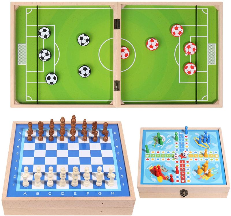 Photo 3 of Fast Sling Puck Game,Wooden Hockey Game Sling Puck,3 in 1 Foldable Desktop Hockey Puck Game with, Family Party Game for Kids, Board Games for Family Night?Ludo Game?Chess Game