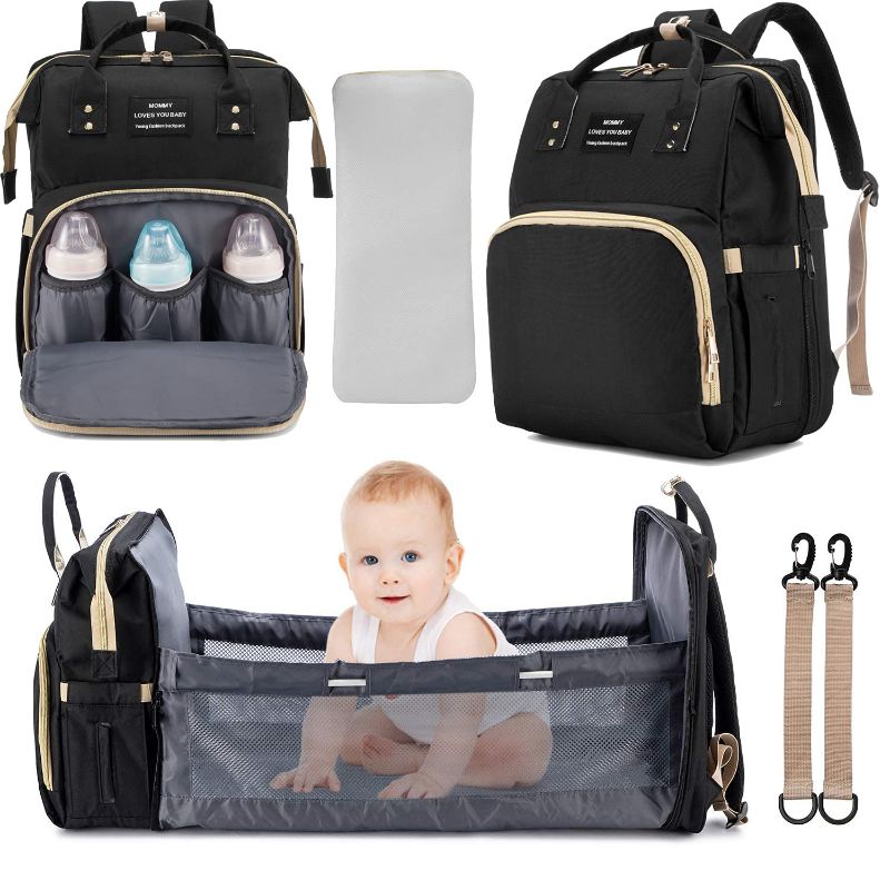 Photo 1 of 3 in 1 Diaper Bag Backpack Travel Bassinet Portable Baby Bed, Baby Diaper Bag with Changing Station, Foldable Baby Crib with Changing Pad (Black)