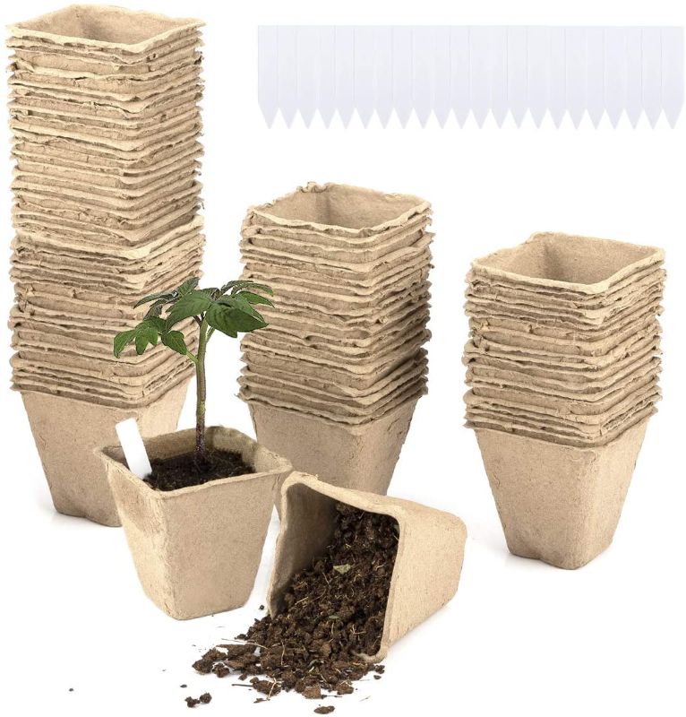 Photo 1 of 200 100pcs 3 Inches Square Peat Pots for Seedlings- Plant Seed Starter Peat Pots Germination Seedling Trays with Bonus 100pcs Plant Markers Biodegradable Eco-Friendly for Vegetable Seed Germination