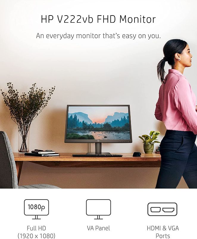 Photo 2 of HP V222vb FHD Monitor, 1080p VA Display, 75Hz Refresh Rate, 21.5-inch Computer Screen, TÜV Certified Low Blue Light Mode, Ergonomic Tilt, 3000:1 Contrast Ratio, HDMI & VGA Ports, VESA Mounting (2021)

