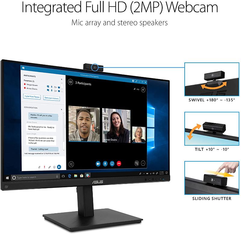 Photo 2 of ASUS 27” 1080P Video Conference Monitor (BE279QSK) - Full HD, IPS, Built-in Adjustable 2MP Webcam, Mic Array, Speakers, Eye Care, Wall Mountable, Frameless, HDMI, DisplayPort, VGA, Height Adjustable
