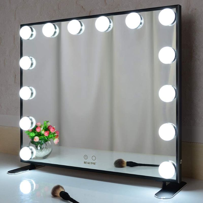 Photo 1 of BEAUTME Vanity Mirror with Lights,Big Make Up Mirror with 14 Dimmer Bulbs,Bedroom Black Mirror Tabletop or Wall Mounted Hollywood Style Smart Mirror US Stock (Black,60x53cm)
