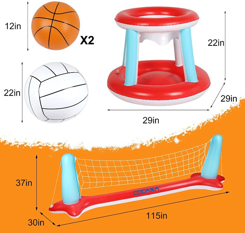 Photo 2 of Pool Floats Toys, Inflatable Pool Volleyball Set & 3 Balls with Basketball Hoops Party Swimming Game Toy for Kids and Adults, Floating Water Play Gift Summer Floaties, Volleyball Net (115”x30”x37”)
