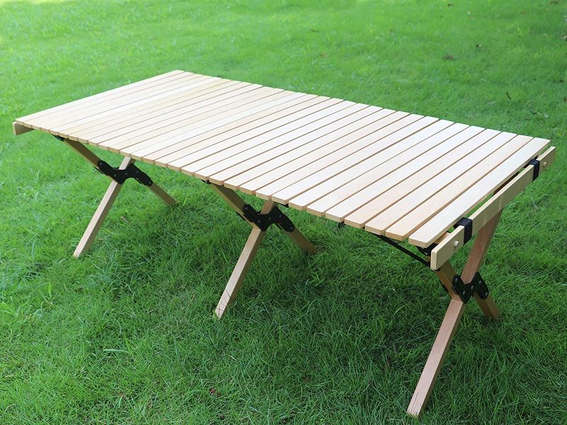 Photo 1 of Benewin Camping Folding Wood Table- Portable Foldable Outdoor Picnic Table,Cake Roll Wooden Table in a Bag for Picnic, Camp, Travel, Garden BBQ Accessories
