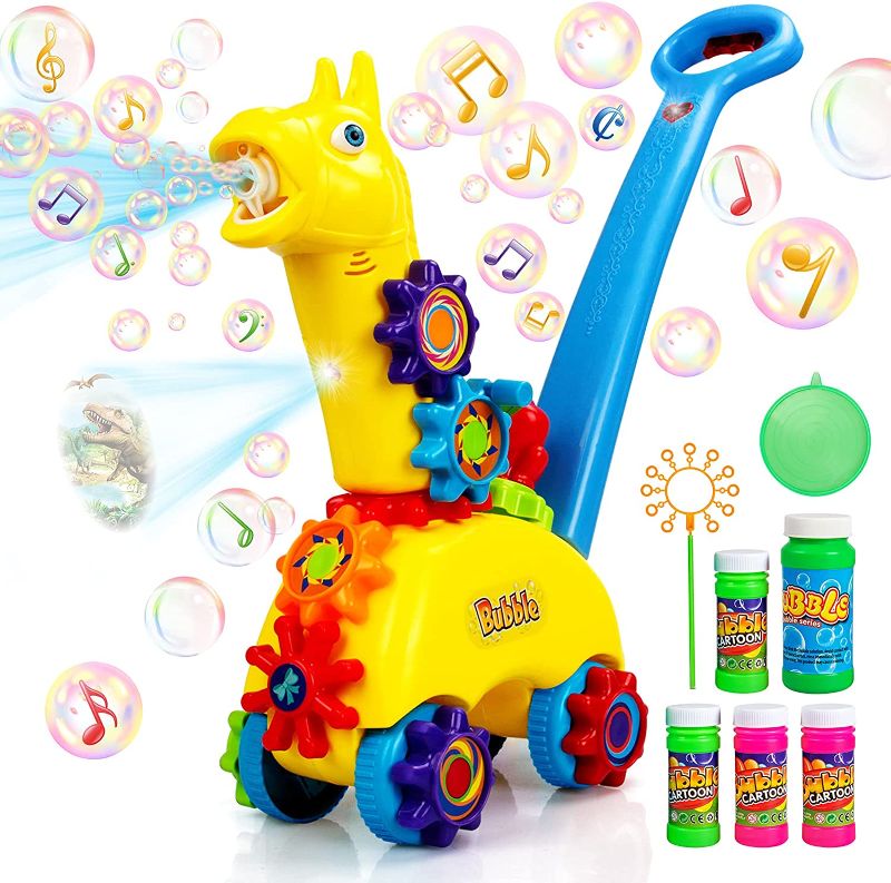 Photo 1 of Icnice Bubble Mower, Bubble Machine for Kids Toddlers Automatic Bubble Blower Anti-Leak Bubble Maker Lawn Game Include Bubble Wand Outdoor Push Toy Music Light Projector Baby Walker-5 Bubble Solution
