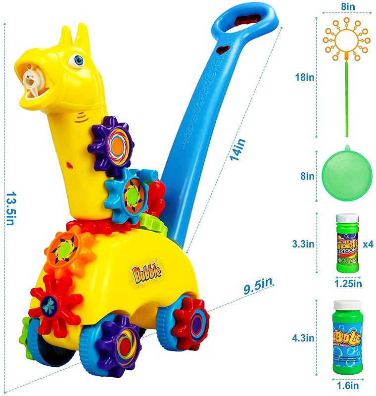 Photo 2 of Icnice Bubble Mower, Bubble Machine for Kids Toddlers Automatic Bubble Blower Anti-Leak Bubble Maker Lawn Game Include Bubble Wand Outdoor Push Toy Music Light Projector Baby Walker-5 Bubble Solution
