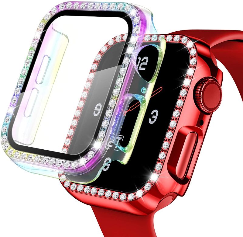 Photo 1 of 1 Pack? Easuny Hard Case Cover Design for Apple Watch 44mm Series 6 SE 5 - Bling Diamond with Built-in Glass Screen Protector - Overall Protective Accessories for iWatch Women, Red/Colorful
