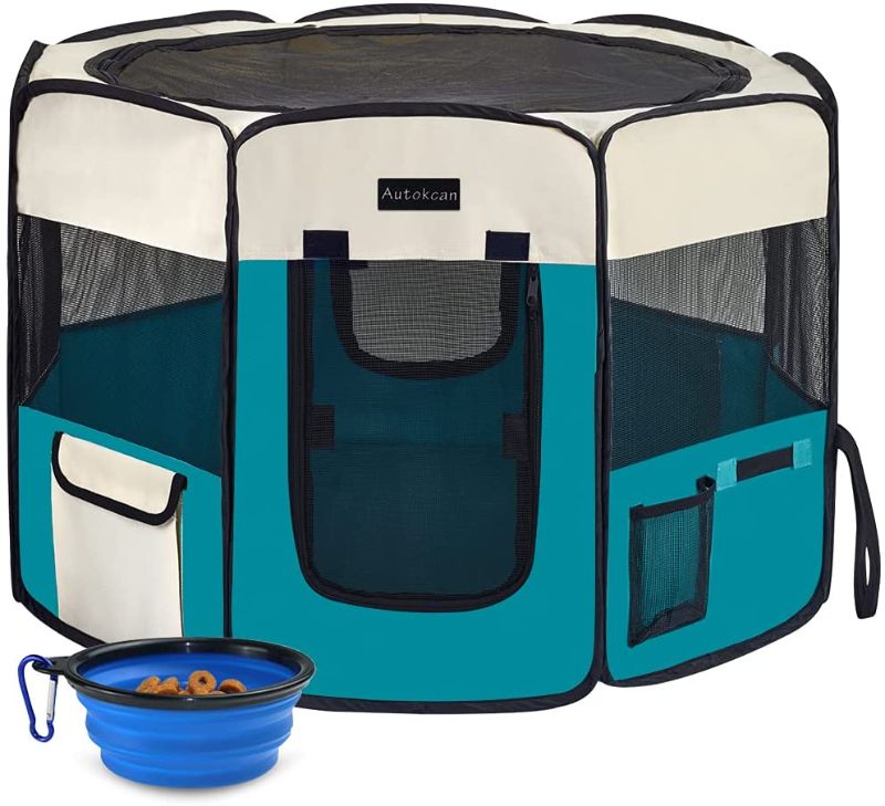 Photo 1 of Autokcan Dog Park, Waterproof, Portable, Collapsible, Pet, Indoor / Outdoor Use, for Small Medium Dogs, Cats, with Collapsible Travel Bowl
