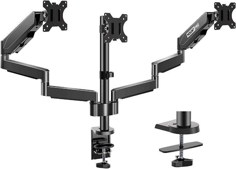 Photo 1 of MOUNT PRO Triple Monitor Desk Mount - Articulating Gas Spring Monitor Arm, Removable VESA Mount Desk Stand with Clamp and Grommet Base - Fits 13 to 27 Inch LCD Computer Monitors, VESA 75x75, 100x100
