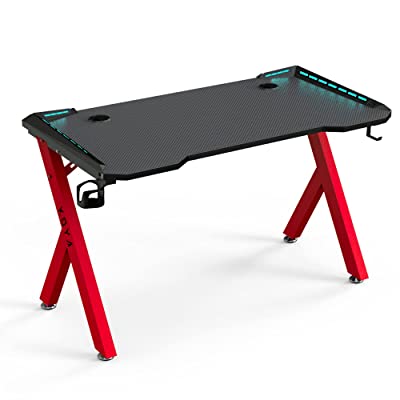 Photo 1 of KOYA Gaming Desk with LED Lights - RGB Gaming Computer Desk, Computer Table, PC Computer Desk, Ergonomic Workstation with Cup Holder and Headphone Hook, 8 LED Light Colors, Black 55.5" x 24"
