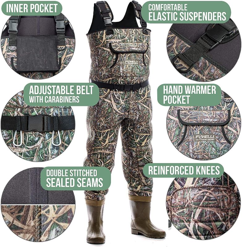 Photo 1 of Foxelli Chest Waders – Camo Neoprene Hunting & Fishing Waders for Men & Women with Boots, Waterproof Bootfoot Waders with Belt, Carrying Bag Included
