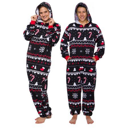 Photo 1 of 2PACK Funziez! Candy Cane Print One Piece Holiday Pajama Costume Slim Fit Festive Jumpsuit - Black - Small