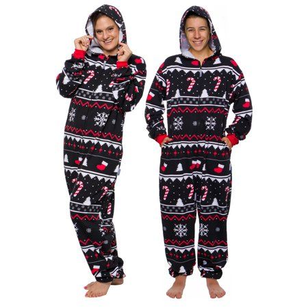 Photo 1 of 2PACK Funziez! Candy Cane Print One Piece Holiday Pajama Costume Slim Fit Festive Jumpsuit - Black - XL AND MED