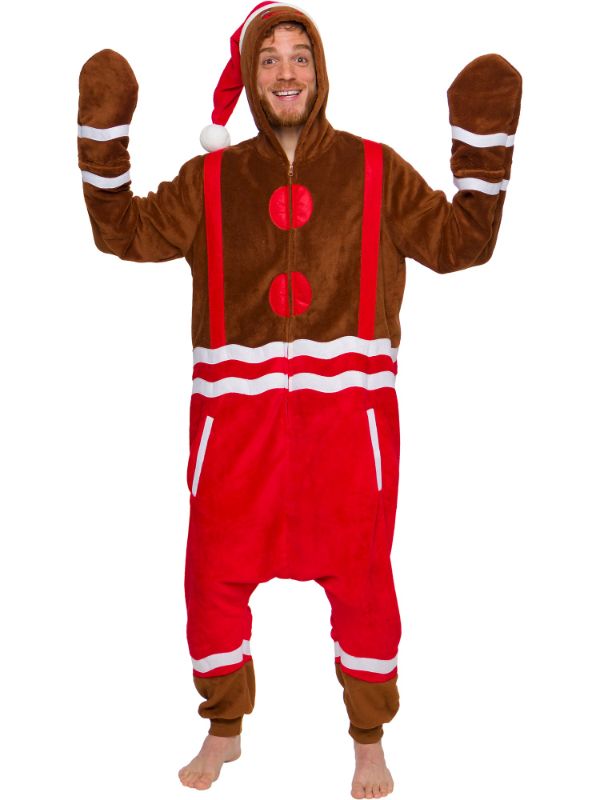 Photo 1 of 2 PACK Men's Gingerbread Costume Pajamas - One Piece Christmas Plush Unisex Novelty Holiday Jumpsuit - Silver Lilly (Brown, Medium AND LARGE )
