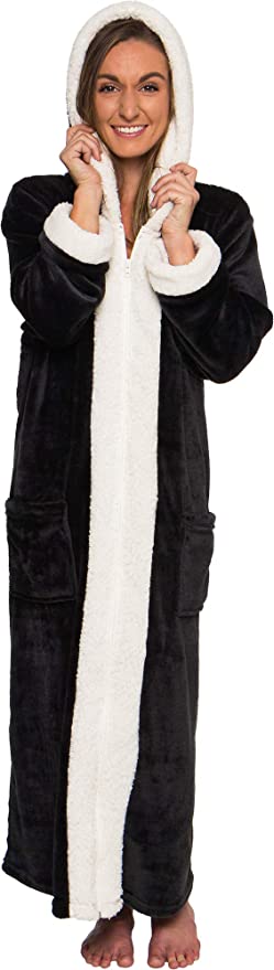Photo 1 of Womens Zippered Sherpa Lined Robe with Hood - Warm Plush Luxury Bathrobe by Silver Lilly
size- Large/X-Large