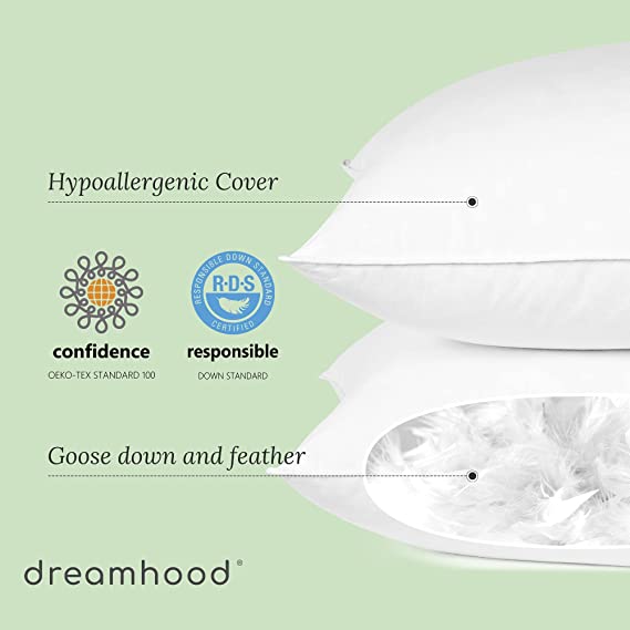 Photo 1 of Dreamhood Set of 2 king size bed pillows with 100% cotton feathers, soft and supportive for a better sleep experience.
