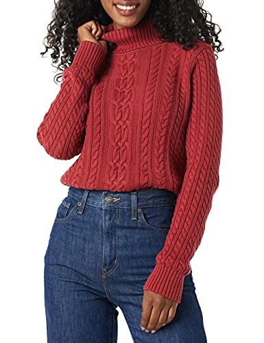 Photo 1 of Amazon Essentials Women's Fisherman Cable Turtleneck Sweater, Dark Red, Small
