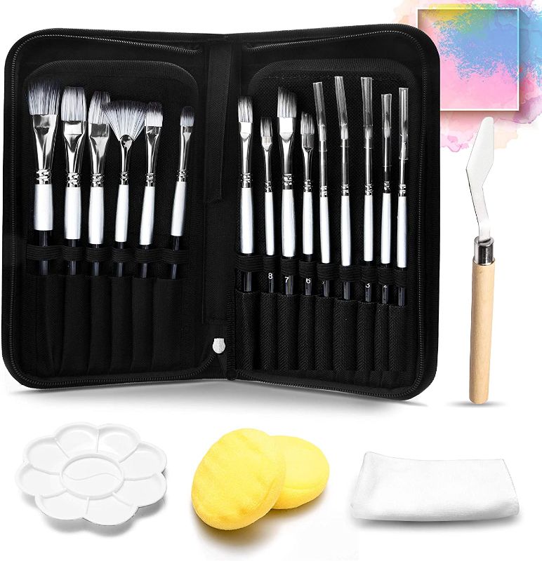 Photo 1 of GORNORVA 20 PCS Acrylic Paint Brush Set-15 Different Artist Paint Brushes 1 Palette Knife 1 Sponge 1 Wipe Cloth 1 Carrying Case for Acrylic Oil a Painting for Artist Kids Beginners, Painting Lovers
