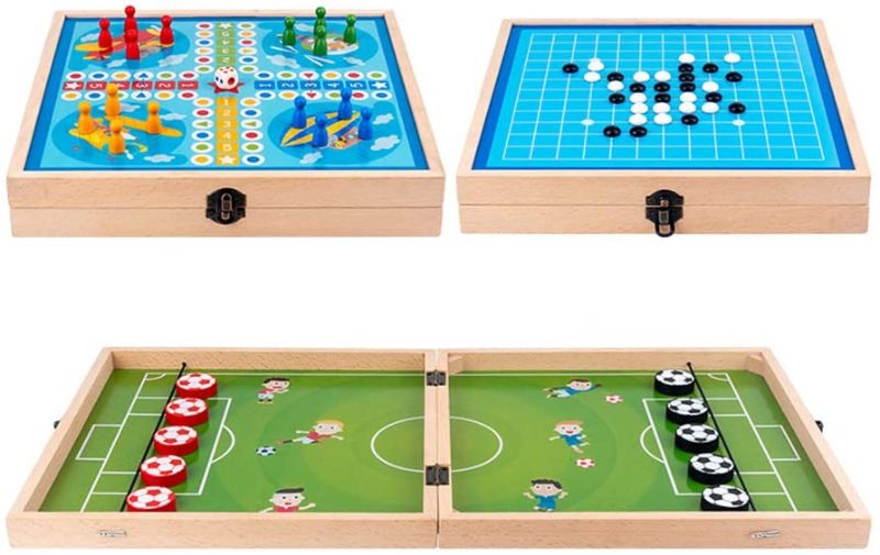 Photo 1 of Fast Sling Puck Game - 3 in 1 Funny Foldable Wooden Foosball Slingshot Winner Board Games,Parent-Child Interactive Desktop Hockey Curling Game for Family Party Game
