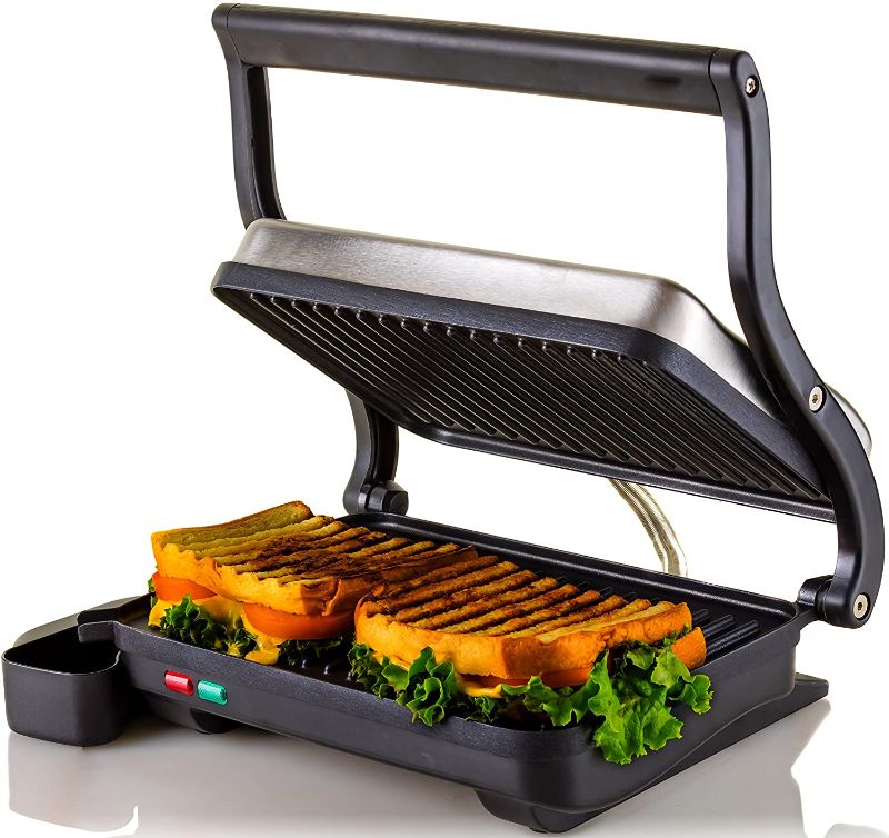 Photo 1 of Ovente Electric Indoor Panini Press Grill with Non-Stick Double Flat Cooking Plate & Removable Drip Tray, Countertop Sandwich Maker Toaster Easy Storage & Clean Perfect for Breakfast, Silver GP0620BR

