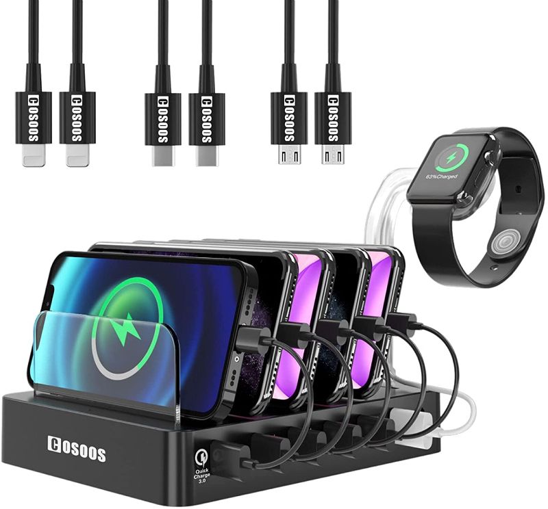 Photo 1 of COSOOS Fastest Charging Station with Quick Charge 3.0, 6 Phone Charger Cables(3 Types), 6-Port USB Charger Station,Charging Station for Multiple Devices,Tablet
