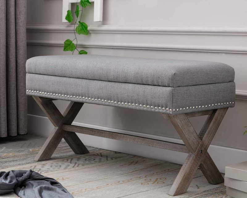 Photo 1 of chairus Fabric Upholstered Storage Entryway Bench, Gray 36 inch Bedroom Bench Seat with X-Shaped Wood Legs for Living Room, Foyer or Hallway
