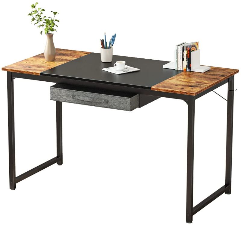 Photo 1 of CubiCubi Computer Desk with Drawer 47" Study Writing Table for Home Office, Modern Simple Style PC Desk with Splice Board, Black Metal Frame, Black and Rustic Brown
