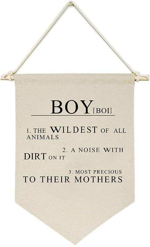 Photo 1 of Boy the Wildest of All Animals,A Noise With Dirt On It -Canvas Hanging Flag Banner Wall Sign Decor Gift for Baby Kids Boy Nursery Teen Room Front Door - Boy's Pronunciation and Definition Meaning
